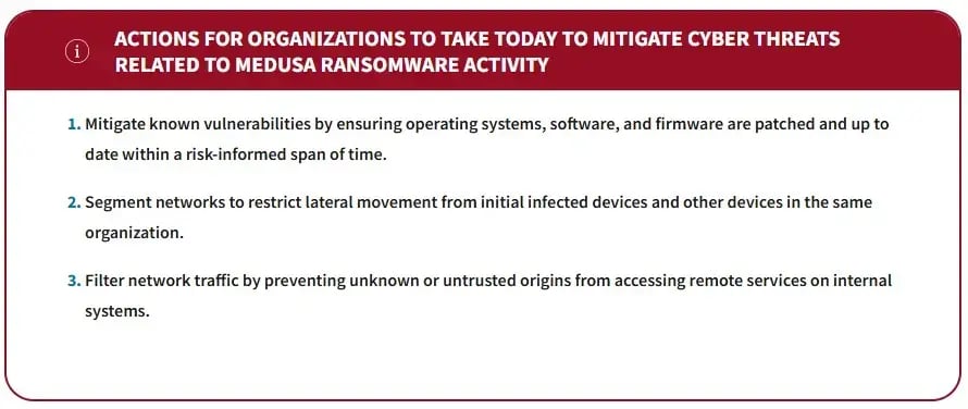 Actions for Organizations to Take Today to Mitigate Cyber Threats Related to Medusa Ransomware Activity